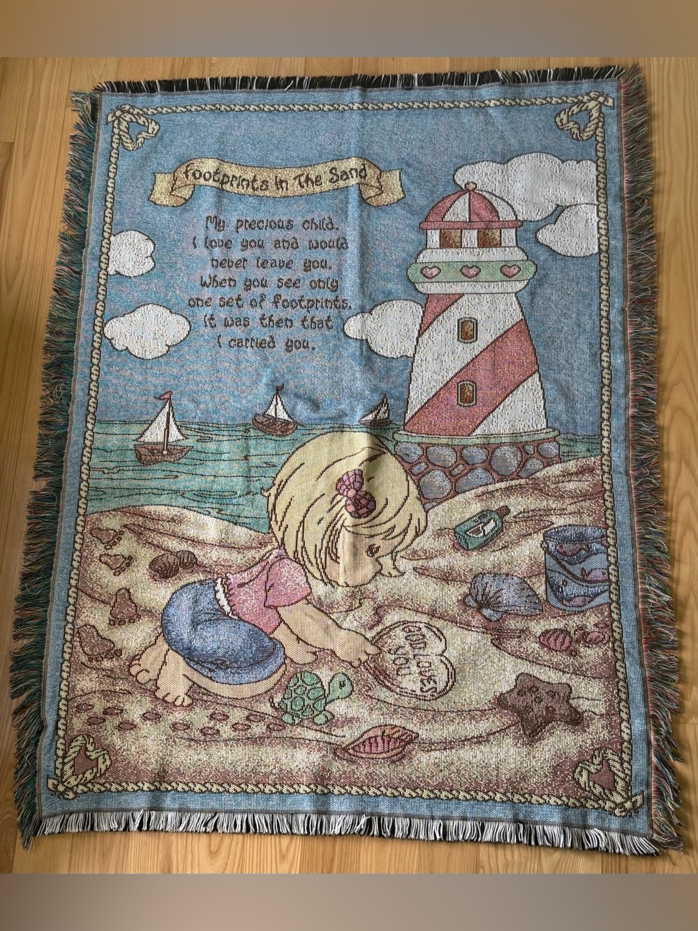 Vintage Precious Moments Footprints in the Sand Woven Throw Blanket